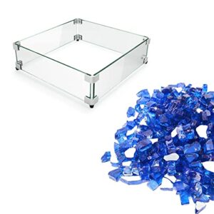 gaspro 2 pieces fire pit accessories - 17.5" square fire pit glass wind guard and 20lb reflective cobalt blue fire glass