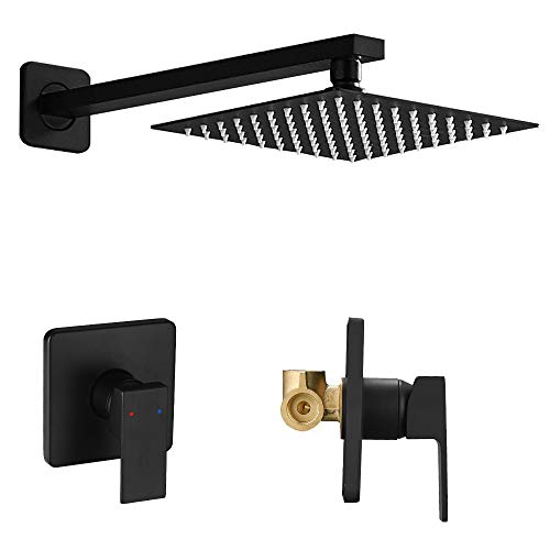 Heable Matte Black Shower Faucet Set, Single Function Shower Trim Kit with Rough-in Valve, Square Rain Shower Head System Included Extra Long Shower Arm for Bathroom