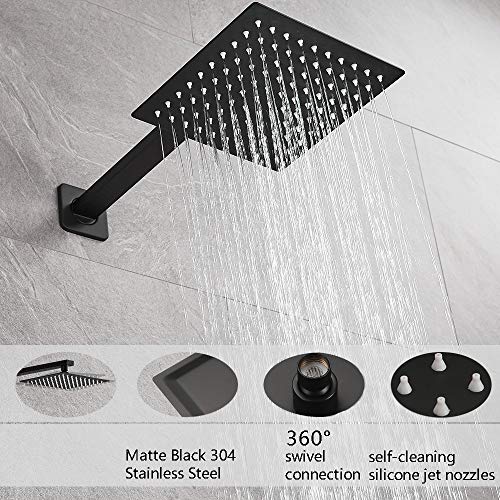 Heable Matte Black Shower Faucet Set, Single Function Shower Trim Kit with Rough-in Valve, Square Rain Shower Head System Included Extra Long Shower Arm for Bathroom