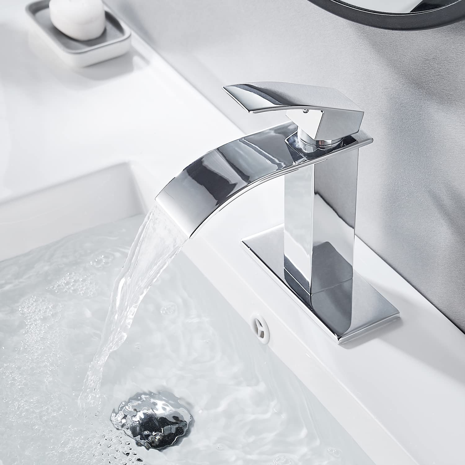 VOTON Chrome Bathroom Faucet Waterfall Single Handle Single Hole Bathroom Sink Washbasin Faucet with Pop-up Drain