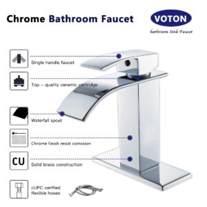 VOTON Chrome Bathroom Faucet Waterfall Single Handle Single Hole Bathroom Sink Washbasin Faucet with Pop-up Drain