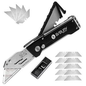 bibury folding utility knife, heavy duty box cutter pocket carpet knife, blade storage in handle with 15 extra sk5 blades included, belt clip and safe-locking design