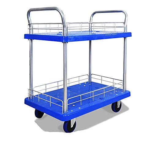 Portable Folding Handcart Double-Layer Trolley Three-Layer Flatbed Double Handrail with Guardrail Large Trolley Bearing Capacity About 600 Kg Multi Function Folding Handcart