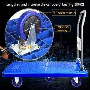 Portable Folding Handcart Flatbed Folding Cart Trolley Cart Trolley Small Trailer Pull Goods Long Five Wheel Load 500KG Easy to Use Multi Function Folding Handcart (Color : Blue, Size : 63x165cm)