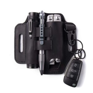 gentlestache belt sheath, practical edc leather belt organizer with multitool pouch, flashlight/pen holder and keychain clip for men black