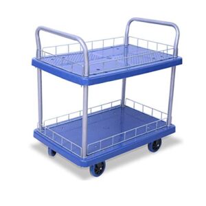 teerwere portable folding handcart double-layer multi-layer mute flat trolley trolley pull goods four-wheel push truck small cart multi function folding handcart (color : blue, size : 48x73cm)