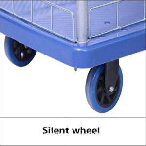 Teerwere Portable Folding Handcart Double-Layer Multi-Layer Mute Flat Trolley Trolley Pull Goods Four-Wheel Push Truck Small Cart Multi Function Folding Handcart (Color : Blue, Size : 48x73cm)