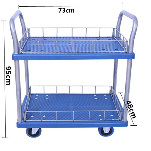 Teerwere Portable Folding Handcart Double-Layer Multi-Layer Mute Flat Trolley Trolley Pull Goods Four-Wheel Push Truck Small Cart Multi Function Folding Handcart (Color : Blue, Size : 48x73cm)