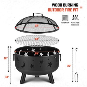 Cool Spot 24 Inch Wood Burning Outdoor Fire Pit, Round Big Sky Stars and Moons Firepit Bowl with Spark Screen, Cover and Poker