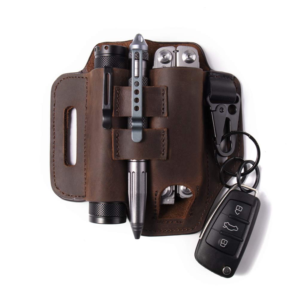 Gentlestache Multitool Belt Sheath, EDC Leather Belt Organizer, Flashlight Holder, Pen Holder and Keychain Clip, Practical EDC Pouch for Men Dark Brown