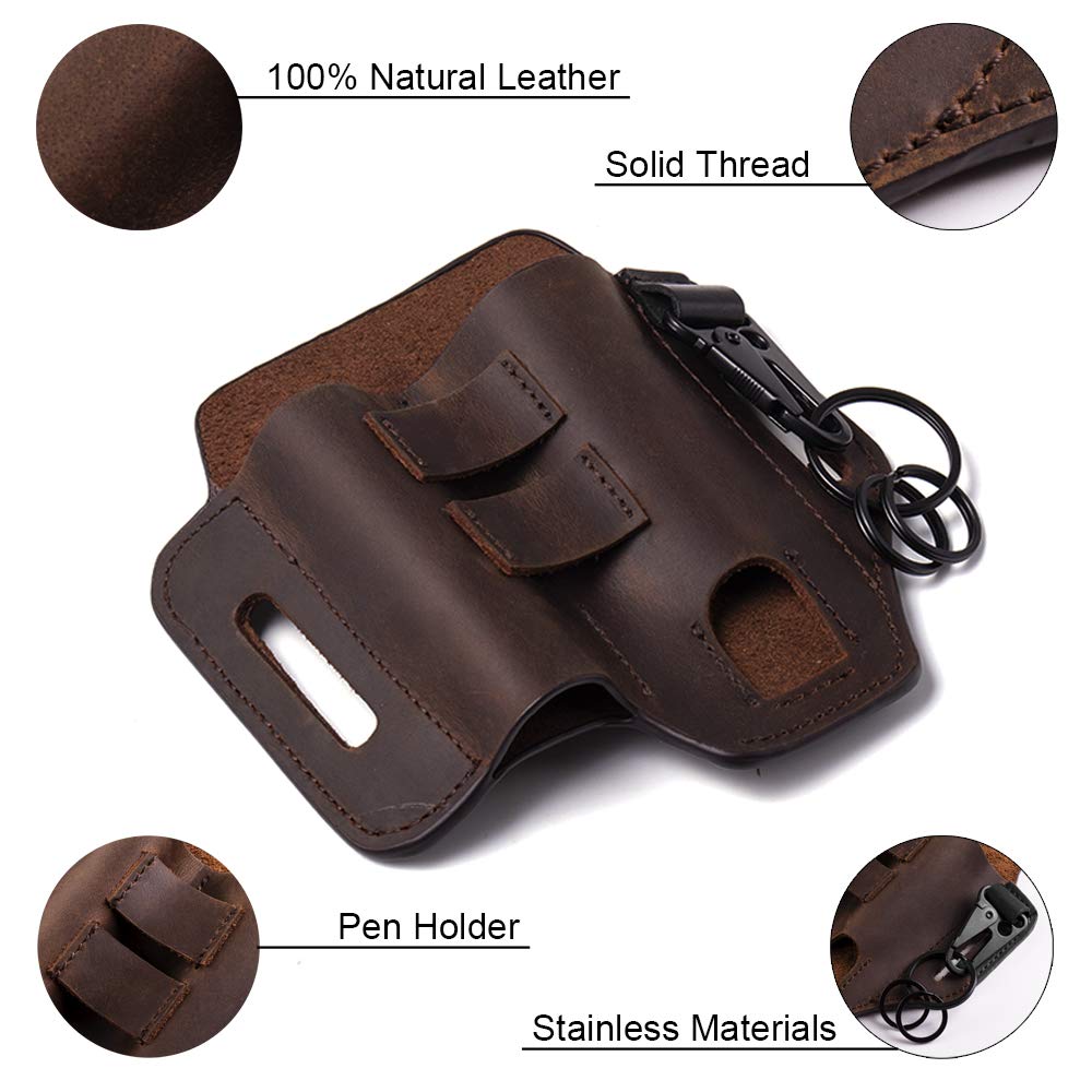 Gentlestache Multitool Belt Sheath, EDC Leather Belt Organizer, Flashlight Holder, Pen Holder and Keychain Clip, Practical EDC Pouch for Men Dark Brown