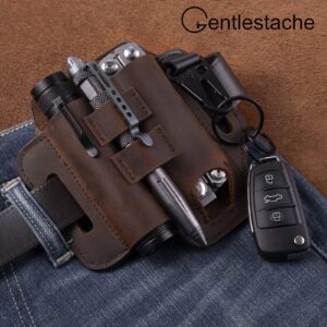 Gentlestache Multitool Belt Sheath, EDC Leather Belt Organizer, Flashlight Holder, Pen Holder and Keychain Clip, Practical EDC Pouch for Men Dark Brown