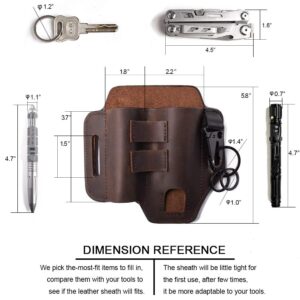 Gentlestache Multitool Belt Sheath, EDC Leather Belt Organizer, Flashlight Holder, Pen Holder and Keychain Clip, Practical EDC Pouch for Men Dark Brown