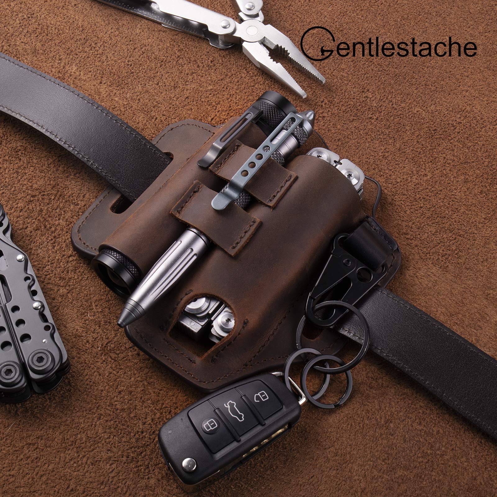 Gentlestache Multitool Belt Sheath, EDC Leather Belt Organizer, Flashlight Holder, Pen Holder and Keychain Clip, Practical EDC Pouch for Men Dark Brown