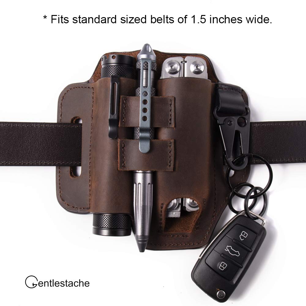 Gentlestache Multitool Belt Sheath, EDC Leather Belt Organizer, Flashlight Holder, Pen Holder and Keychain Clip, Practical EDC Pouch for Men Dark Brown