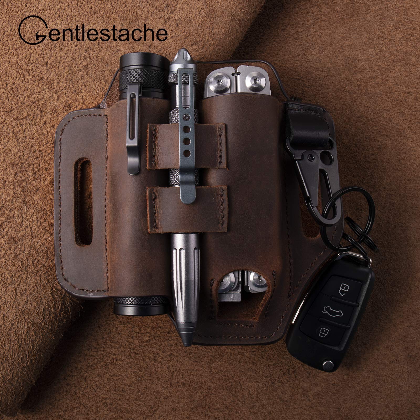 Gentlestache Multitool Belt Sheath, EDC Leather Belt Organizer, Flashlight Holder, Pen Holder and Keychain Clip, Practical EDC Pouch for Men Dark Brown