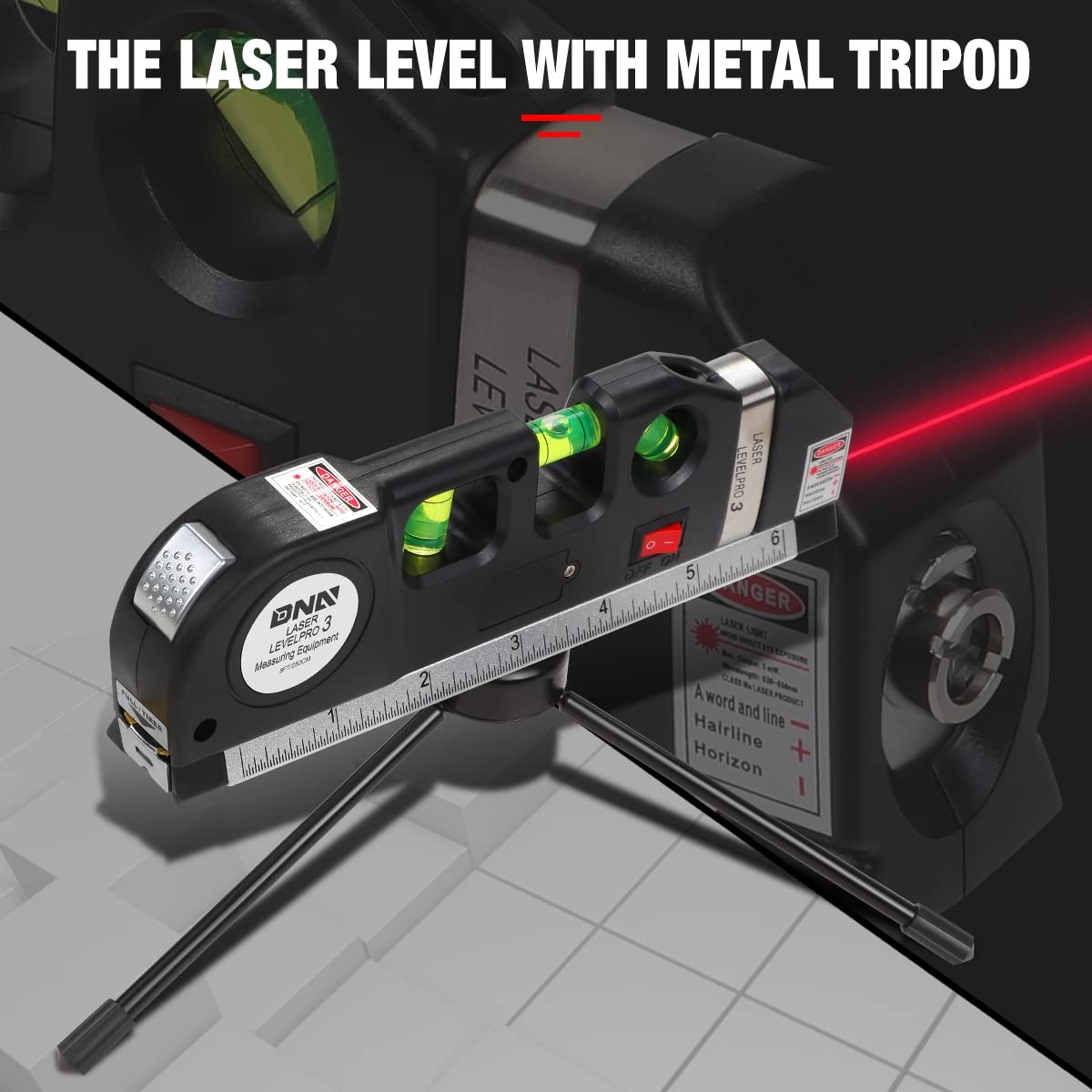 DNA Motoring TOOLS-00054 Adjustable Metric Ruler w/Triangle Bracket – 8 ft. Measuring Tape w/Three Mode Laser Line, Bubble Vials, Ruler Base