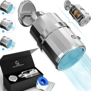 aquahomegroup shower head filter - high pressure luxury filtered 15 stage for hard water vitamin c + e removes chlorine and impurities - 2 cartridges included wall-mounted showerhead output - 3 modes