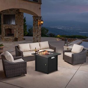 BLUBERY 30'' Propane Gas Fire Pit Table, 50,000BTU Auto-Ignition with Pulse Switch , Double-Layer Insulation Board, Laval Rock, Striped Steel Surface, Wicker-Look Doors