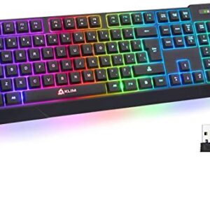 Klim Chroma Wireless Gaming Keyboard RGB - Long-Lasting Rechargeable Battery - Quick and Quiet Typing - Water Resistant Backlit Wireless Keyboard for PC PS5 PS4 Xbox One Mac - Black (Renewed)