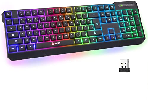 Klim Chroma Wireless Gaming Keyboard RGB - Long-Lasting Rechargeable Battery - Quick and Quiet Typing - Water Resistant Backlit Wireless Keyboard for PC PS5 PS4 Xbox One Mac - Black (Renewed)