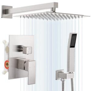 hgn 10 inches bathroom rain shower combo set wall mounted rainfall brushed nickel shower head system rough-in valve body and trim included