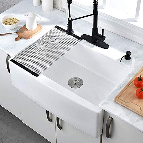 33 Inch White Farmhouse Sink-Hovheir 33x21 Fireclay Farmhouse Kitchen Sink Handcrafted Apron Front Farmhouse Sink Single Bowl Farm Sink White Farmers Sink Extra Deep Wide Curved Front Rustic Sink