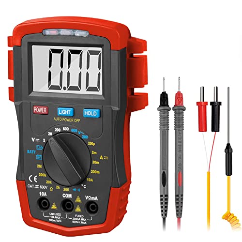 HOLDPEAK Digital Multimeter HP-37A, Tester Amp Ohm Capacitor Tester Battery Test, with Auto Backlit Manual Ranging for DC & AC Voltage, Resistance, Temperature, Positive Diode Voltage ℃ Reading (Red)