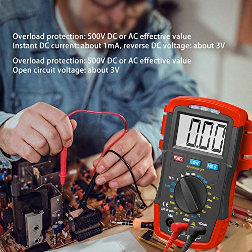 HOLDPEAK Digital Multimeter HP-37A, Tester Amp Ohm Capacitor Tester Battery Test, with Auto Backlit Manual Ranging for DC & AC Voltage, Resistance, Temperature, Positive Diode Voltage ℃ Reading (Red)