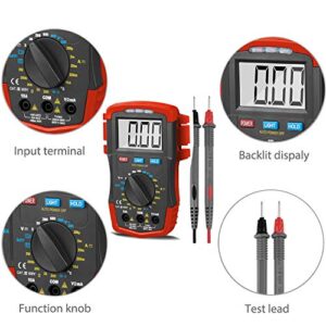 HOLDPEAK Digital Multimeter HP-37A, Tester Amp Ohm Capacitor Tester Battery Test, with Auto Backlit Manual Ranging for DC & AC Voltage, Resistance, Temperature, Positive Diode Voltage ℃ Reading (Red)
