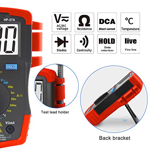 HOLDPEAK Digital Multimeter HP-37A, Tester Amp Ohm Capacitor Tester Battery Test, with Auto Backlit Manual Ranging for DC & AC Voltage, Resistance, Temperature, Positive Diode Voltage ℃ Reading (Red)