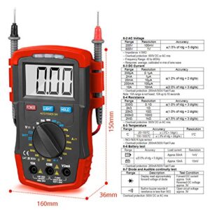 HOLDPEAK Digital Multimeter HP-37A, Tester Amp Ohm Capacitor Tester Battery Test, with Auto Backlit Manual Ranging for DC & AC Voltage, Resistance, Temperature, Positive Diode Voltage ℃ Reading (Red)