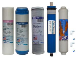 5 stage reverse osmosis replacement filter set with 50 gpd membrane, inline carbon postfilrer (made in usa) and qc fitting