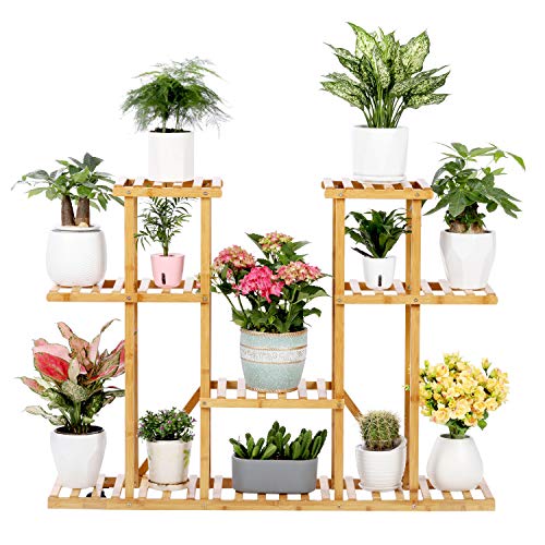 Bamboo Plant Stand Rack 4 Tier Indoor&Outdoor Multiple Flower Pot Holder Shelf Planter Display Shelving Unit for Patio Garden, Living Room, Corner Balcony and Bedroom (13 Flowerpots)