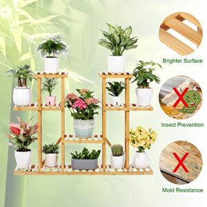 Bamboo Plant Stand Rack 4 Tier Indoor&Outdoor Multiple Flower Pot Holder Shelf Planter Display Shelving Unit for Patio Garden, Living Room, Corner Balcony and Bedroom (13 Flowerpots)