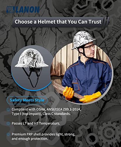 LANON Full Brim Hard Hat, OSHA Construction Work Approved, Premium Charcoal Gray Design, FRP Safety Helmet with 4 Point Adjustable Ratchet Suspension, Class C