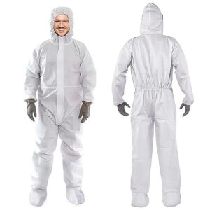 amz medical supply disposable coveralls for men & women large. 5 pack of 60 gsm microporous white hazmat suits disposable. disposable hazmat suit with hood, boots, elastic wrist, lower back, zipper
