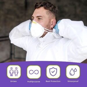 AMZ Medical Supply Disposable Coveralls for Men & Women Large. 5 Pack of 60 GSM Microporous White Hazmat Suits Disposable. Disposable Hazmat Suit with Hood, Boots, Elastic Wrist, Lower Back, Zipper