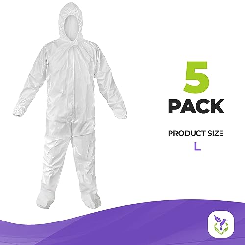 AMZ Medical Supply Disposable Coveralls for Men & Women Large. 5 Pack of 60 GSM Microporous White Hazmat Suits Disposable. Disposable Hazmat Suit with Hood, Boots, Elastic Wrist, Lower Back, Zipper