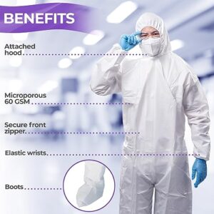AMZ Medical Supply Disposable Coveralls for Men & Women Large. 5 Pack of 60 GSM Microporous White Hazmat Suits Disposable. Disposable Hazmat Suit with Hood, Boots, Elastic Wrist, Lower Back, Zipper