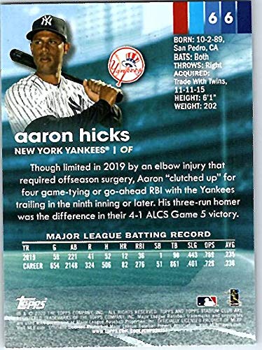 2020 Topps Stadium Club #66 Aaron Hicks New York Yankees Baseball Card