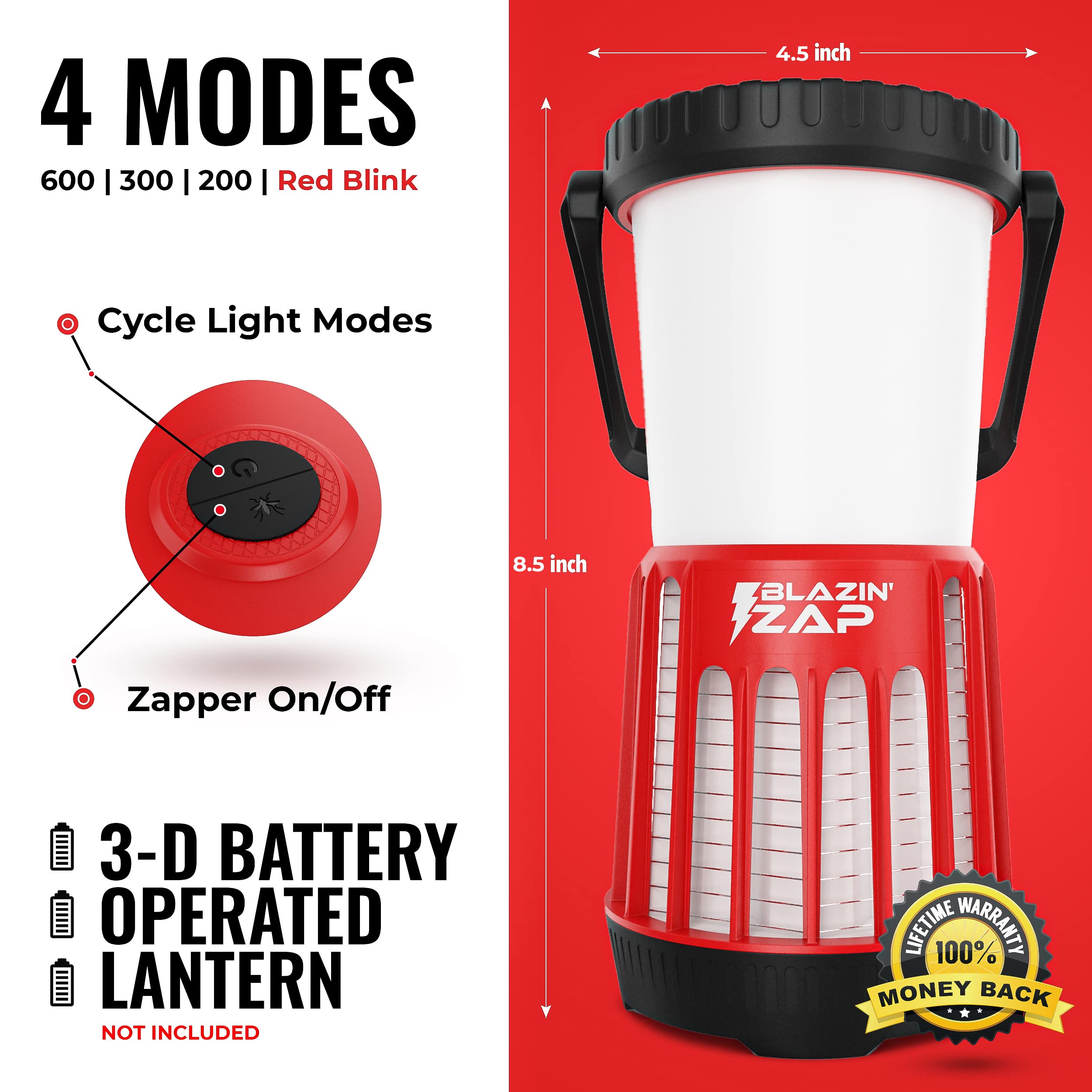 Blazin LED Bug Zapper Lantern ǀ Ultraviolet Camping Mosquito Killer Light Indoor ǀ Outdoor Bug Fly Moth Zapping Lamp ǀ 3-D Battery Powered ǀ 4 Modes - 600 LMS - 46 Hrs ǀ