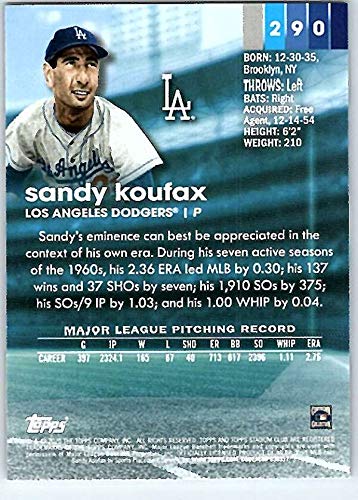 2020 Topps Stadium Club #290 Sandy Koufax Los Angeles Dodgers Baseball Card