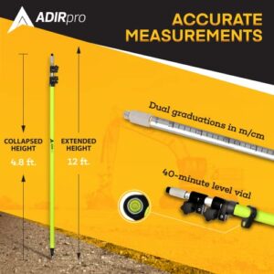 AdirPro 12' Aluminum Prism Pole w/Screw Collar Lock Fluorescent Green - Heavy Duty Surveying Tool - Heavy Duty Rust Resistant