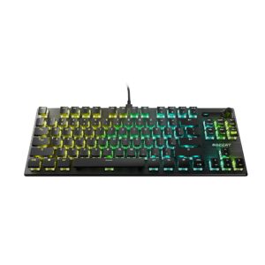 roccat vulcan tkl pro tenkeyless linear optical titan switch pc gaming keyboard with per-key aimo rgb lighting, anodized aluminum top plate, and detachable usb-c cable, black