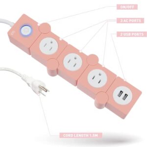 iJoy Flexible Power Strip- 3 AC Outlets and 2 USB Charging Ports with 5 Ft Extension Cord- 1250W/125V Decorative Surge Protector Outlet Extender for Home Office, Dorm, Room and More (Pink)