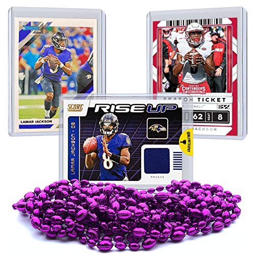 Lamar Jackson Jersey Card Bundle, Set of 3 Lamar Jackson Football Cards with One Authentic Lamar Jackson Jersey Relic Memorabilia Card, Baltimore Ravens MVP Quarterback Sleeve and Toploader Protected