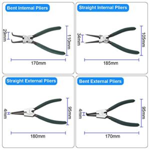 4 Pack 7 inch Snap Ring Pliers Set Heavy Duty Internal/External Circlip Pliers Kit with Straight Bent Jaw Precision Spring Loaded Pliers for Ring Remover Retaining (Green)