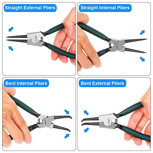 4 Pack 7 inch Snap Ring Pliers Set Heavy Duty Internal/External Circlip Pliers Kit with Straight Bent Jaw Precision Spring Loaded Pliers for Ring Remover Retaining (Green)