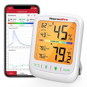 thermopro tp359 bluetooth hygrometer thermometer, 260ft wireless remote temperature and humidity monitor, with large backlit lcd, indoor room thermometer and humidity gauge, max min records